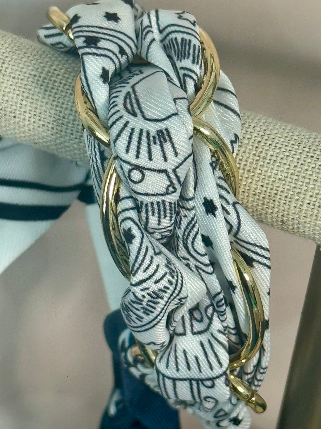 Scarf & Gold Chain Tie Bracelet White & Navy