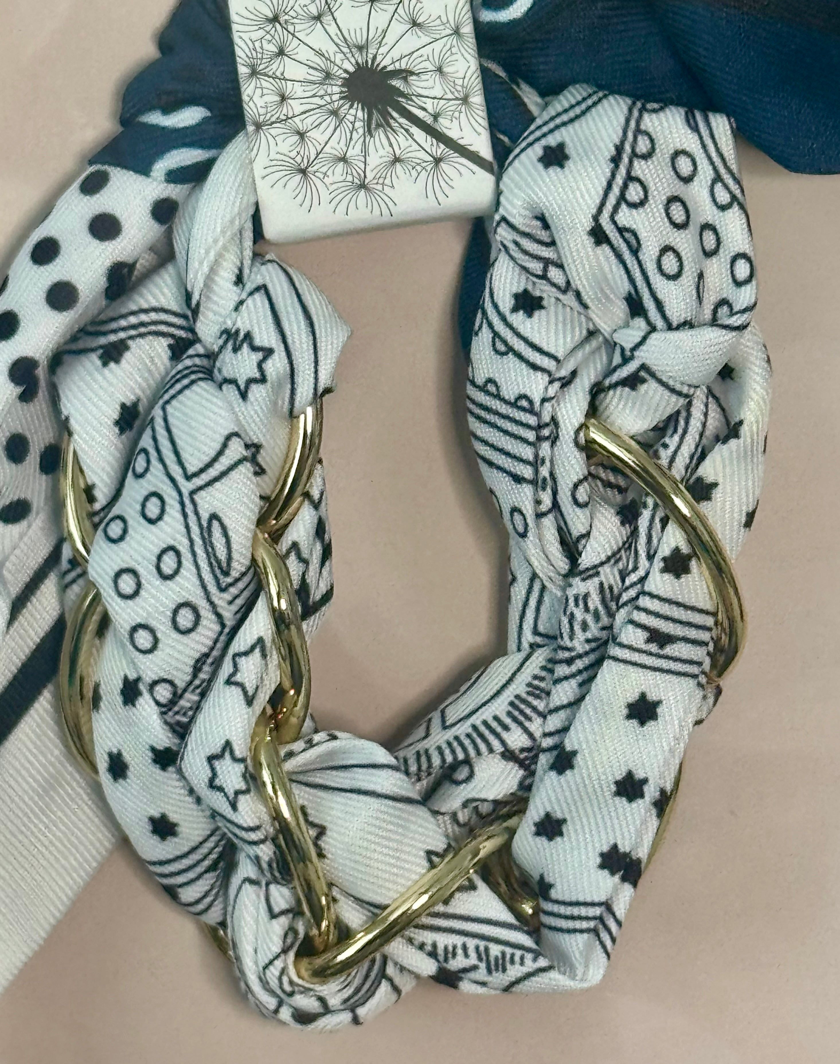 Scarf & Gold Chain Tie Bracelet White & Navy