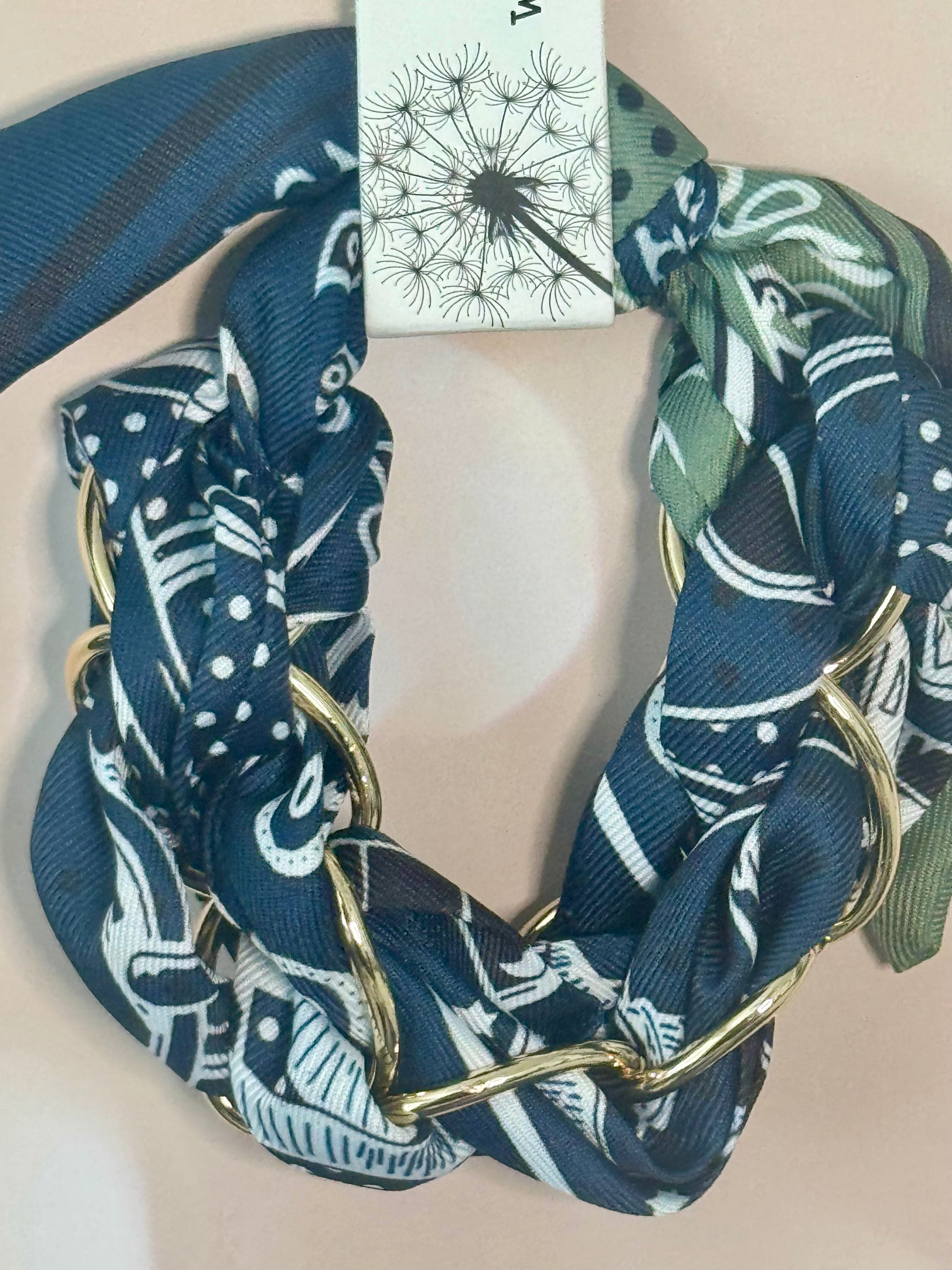 Scarf & Gold Chain Tie Bracelet Blue, White & Green
