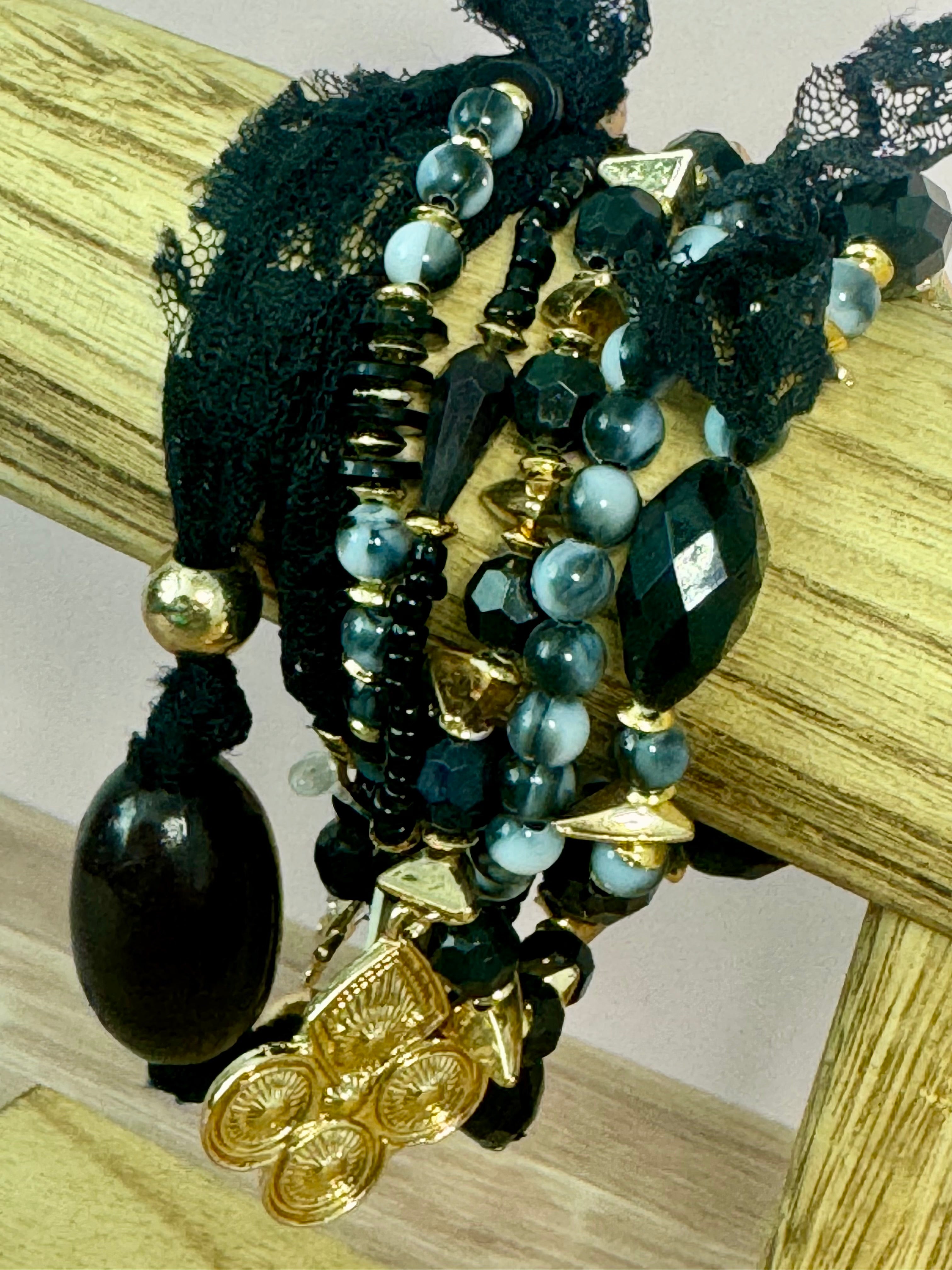 Black Beaded and Lace Bracelet Set
