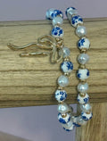 White and Blue Flower Beaded Bracelet Set w/Gold Bow Charm