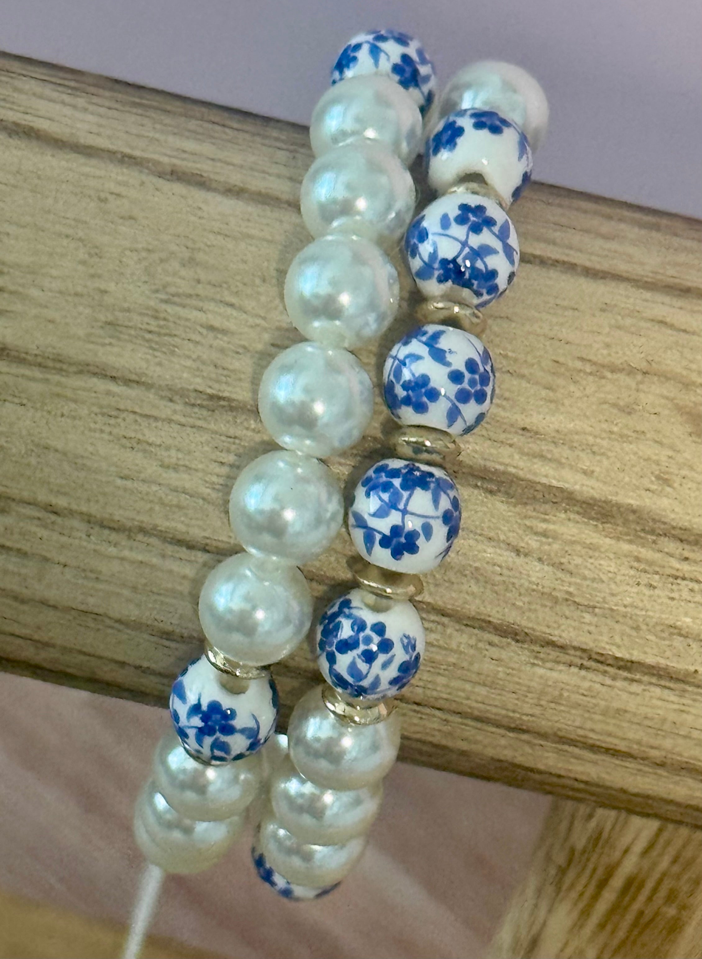 Blue Blossom Pearl Beaded Bracelet Set