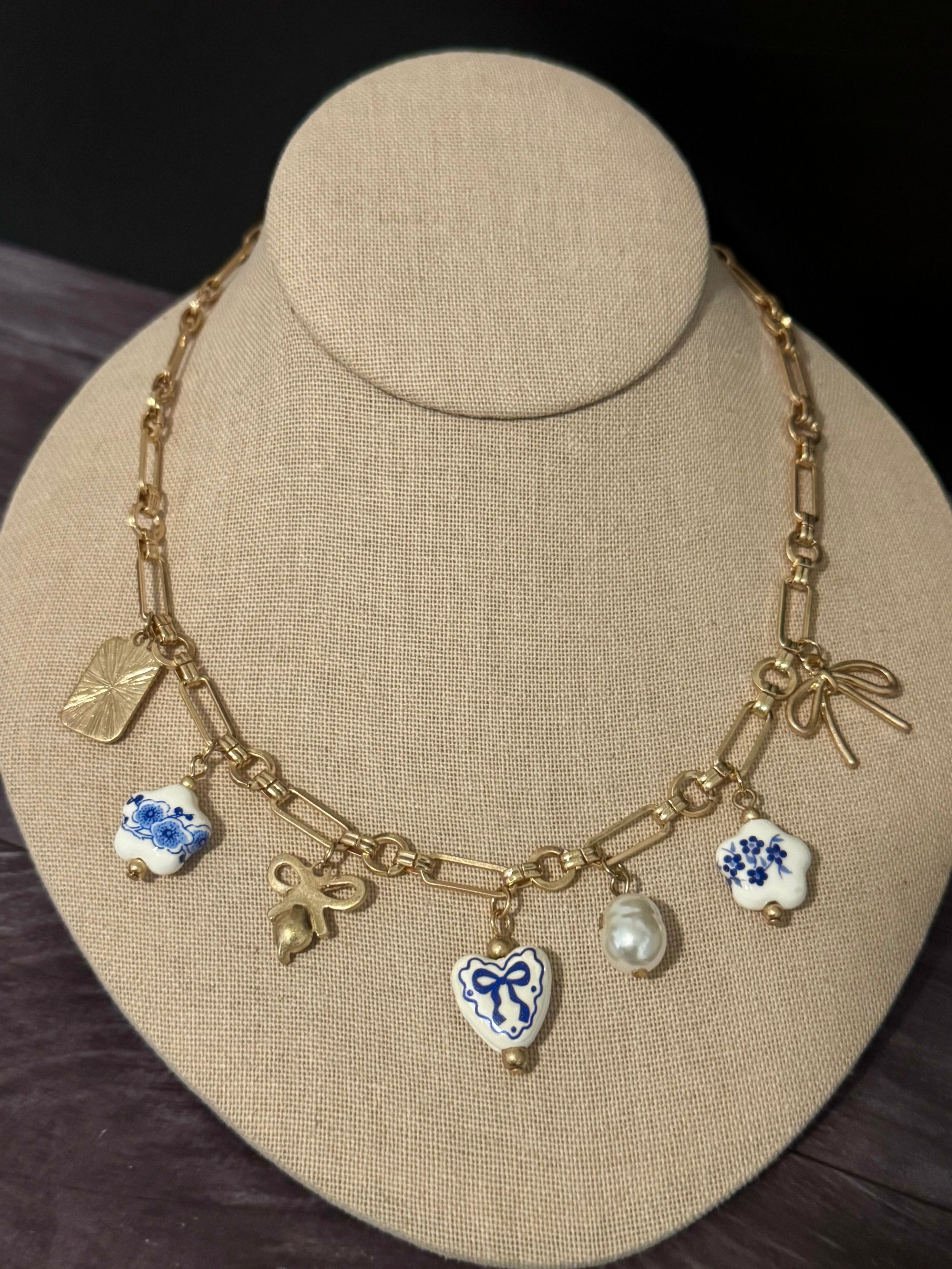 Blue Bloom & Bow Charm Paper Clip Necklace – Gold
