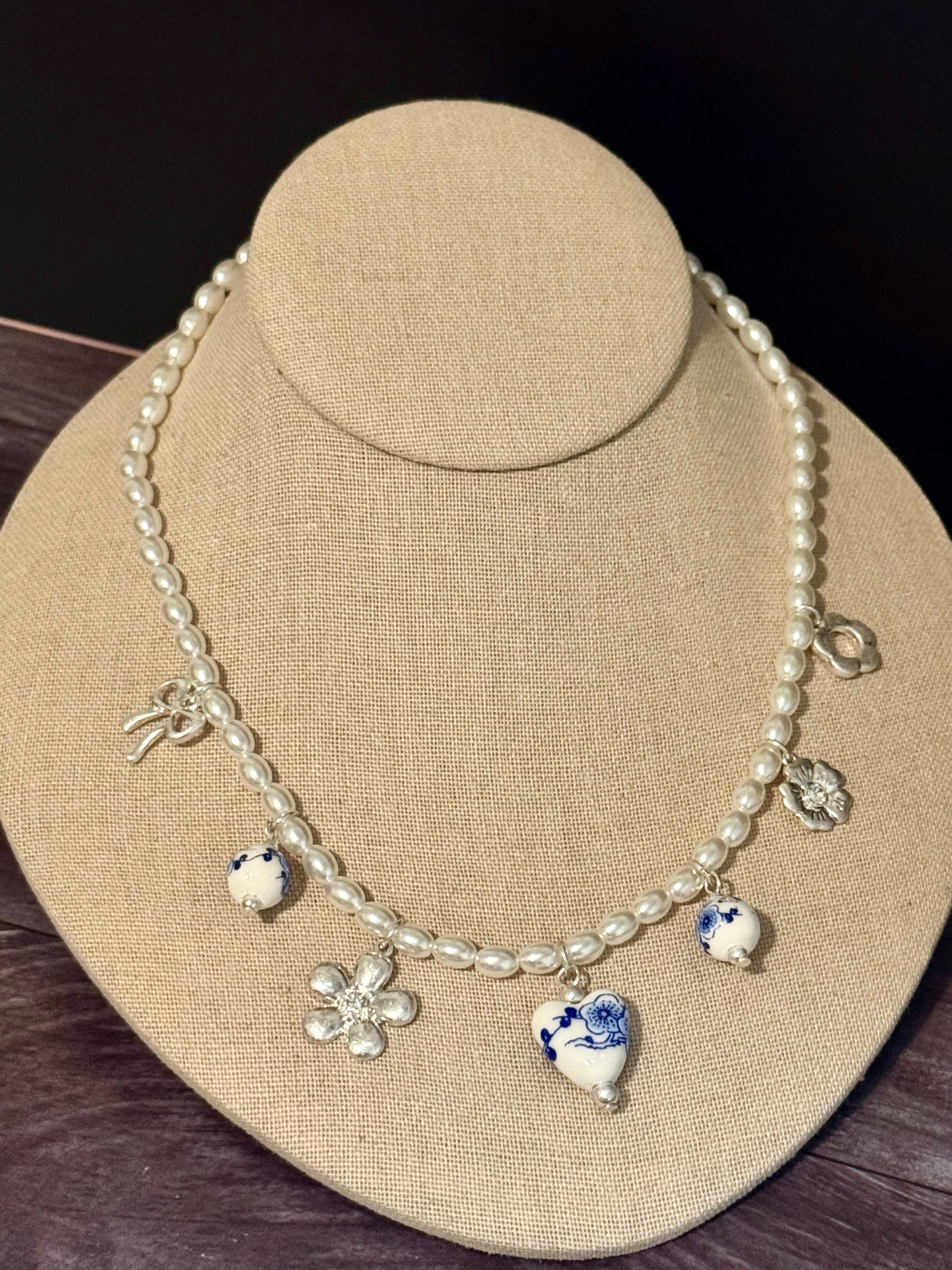 Sweet Garden Beaded Charm Necklace - White, Silver & Blue
