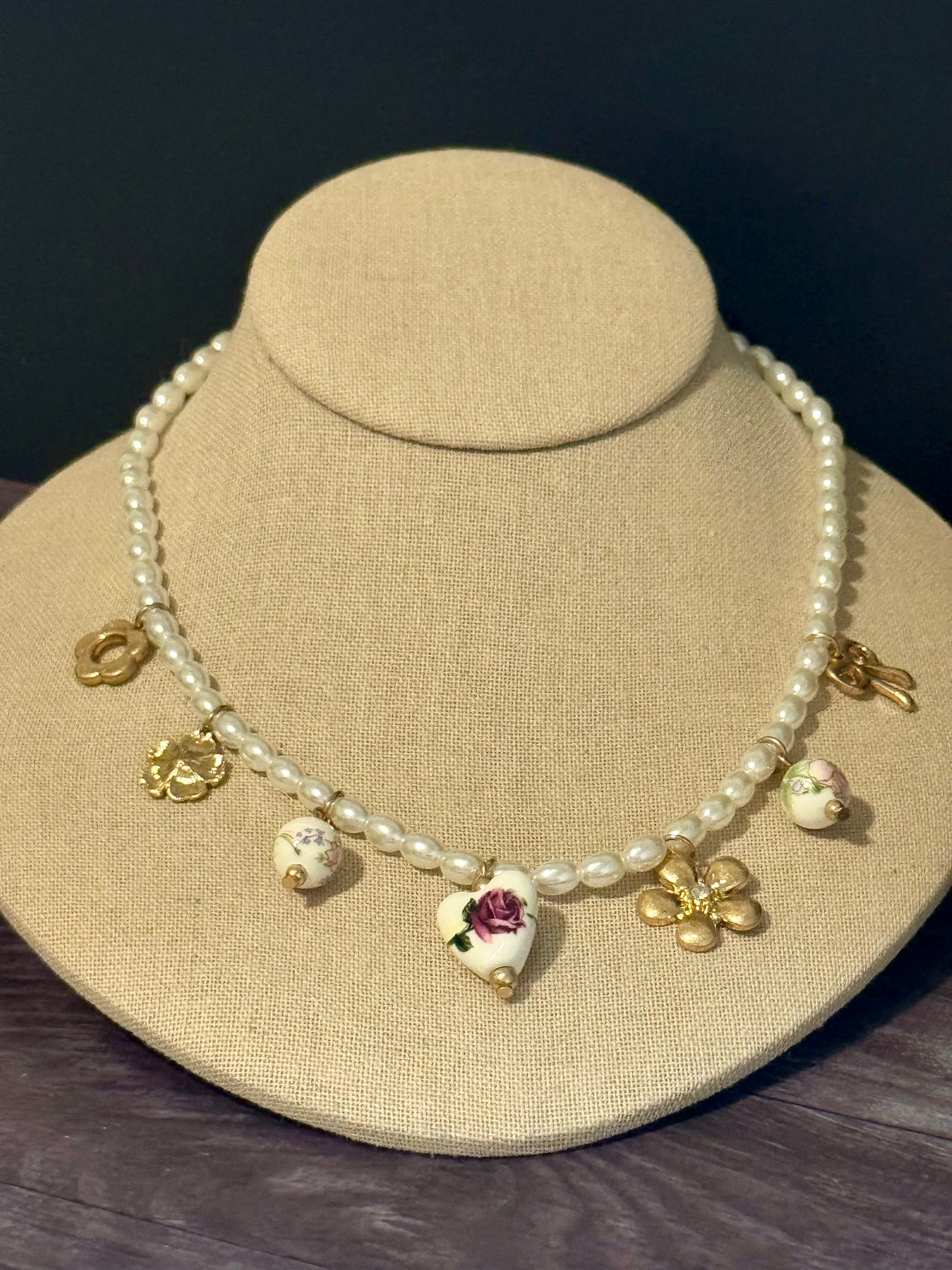 Sweet Garden Beaded Charm Necklace - White, Gold & Pink