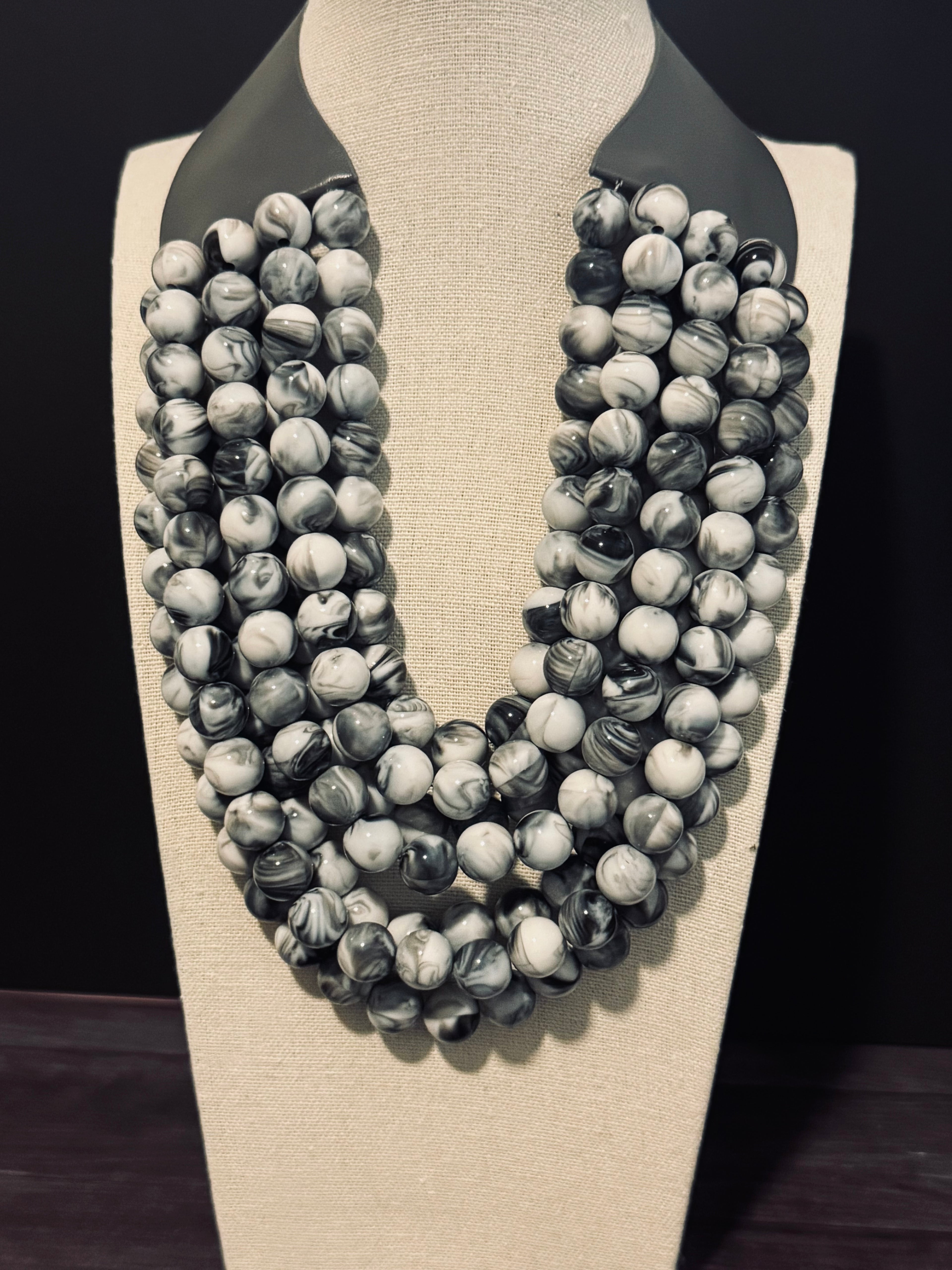 Grey Marble Beaded Multi-Strand Necklace – Faux Leather Magnetic Closure