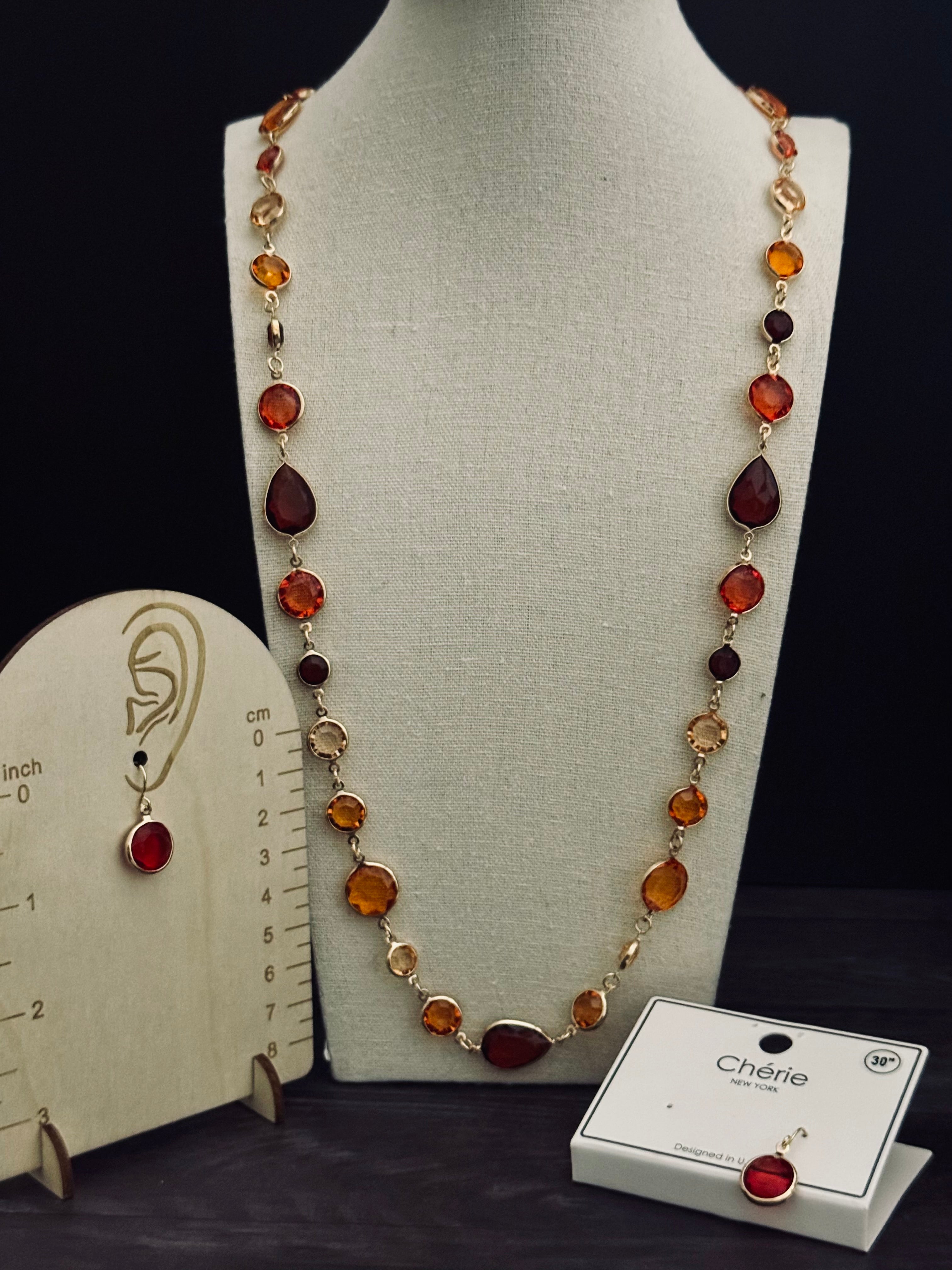 Amber Colored Luxe Beaded Necklace & Earring Set – Gold