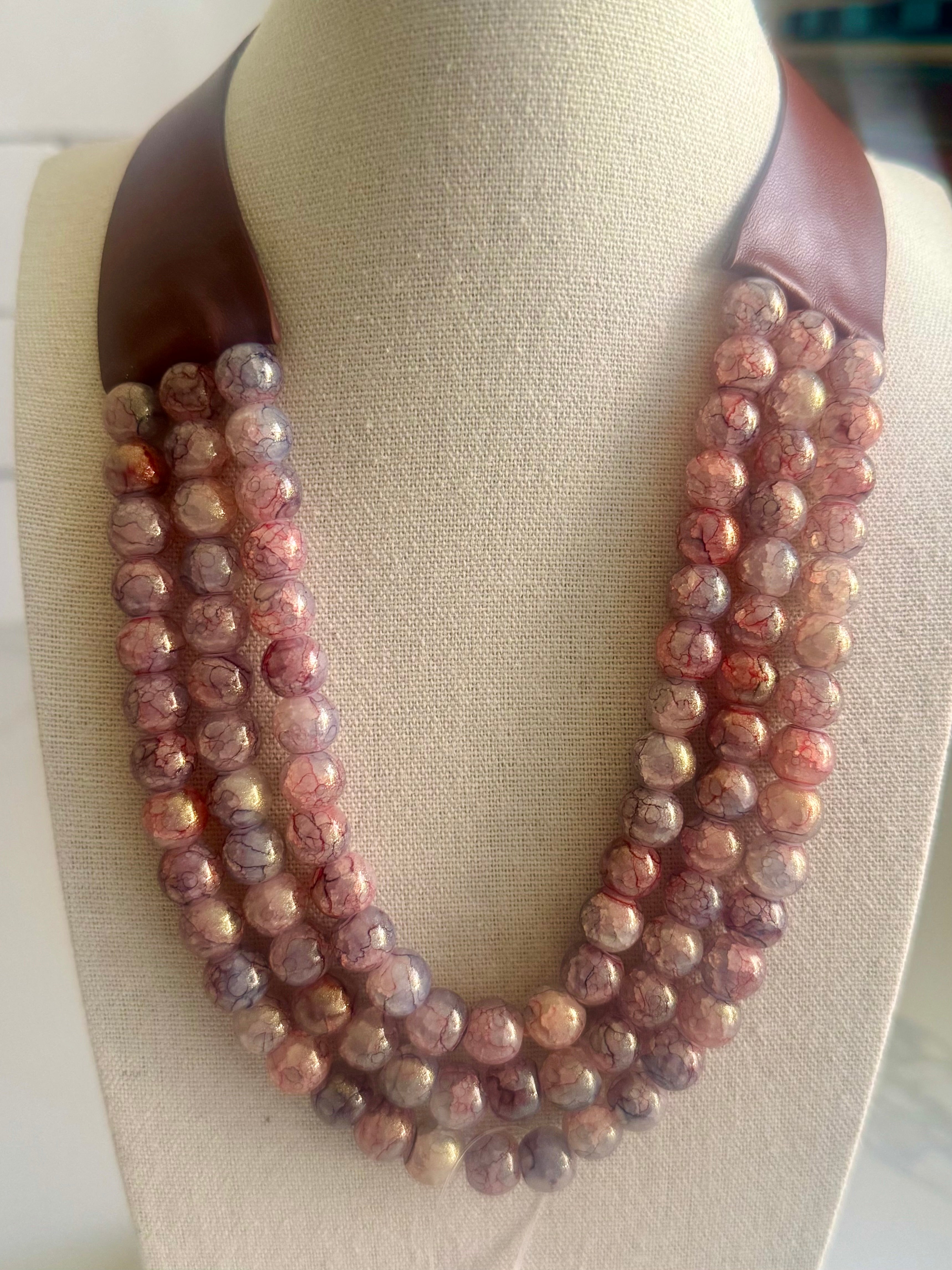 Faux Leather Beaded Necklace – Magnetic Clasp (Grey, Navy, Pink or Brown)