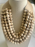 Taupe Marble Beaded Multi-Strand Necklace – Faux Leather Magnetic Closure