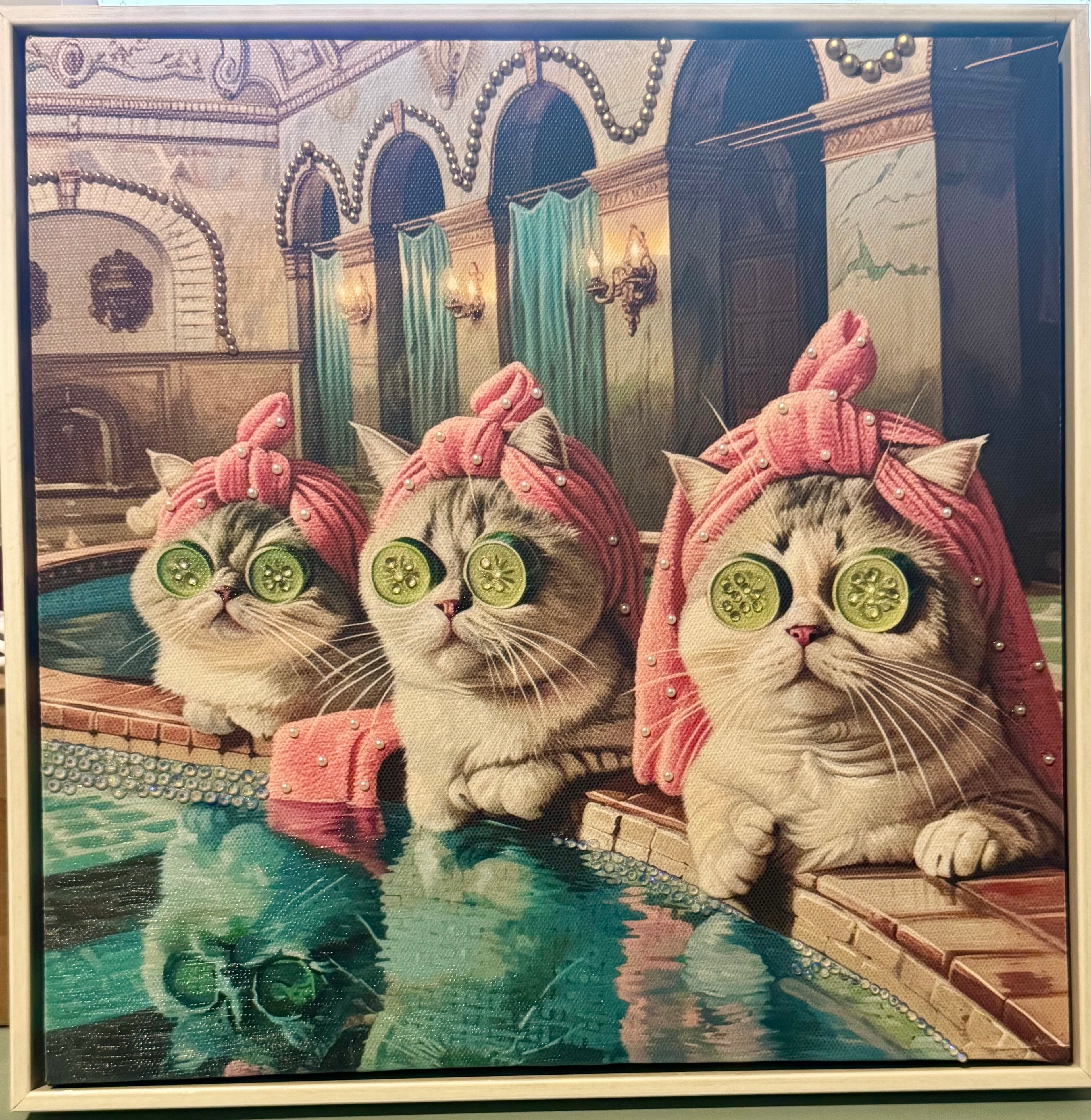 Framed Canvas Kitty Trio Beaded Embellished Print