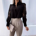 Solid Color Lace Long Sleeve Shirt: BLACK / XL