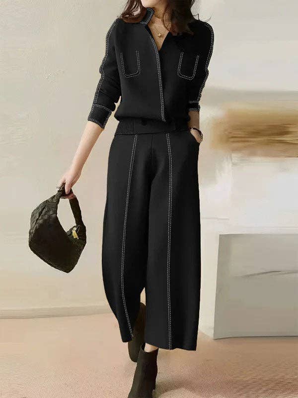 Long Sleeves Loose Split-Joint V-Neck T-Shirts: BLACK / XL
