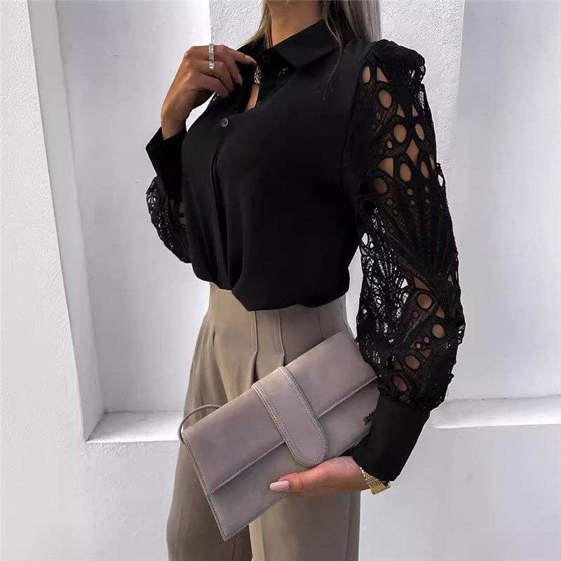 Solid Color Lace Long Sleeve Shirt: BLACK / XL