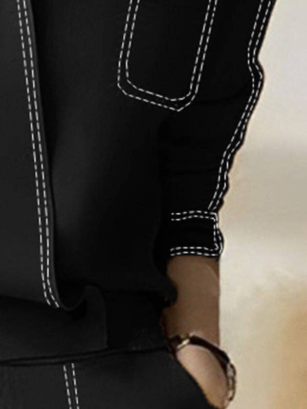 Long Sleeves Loose Split-Joint V-Neck T-Shirts: BLACK / XL